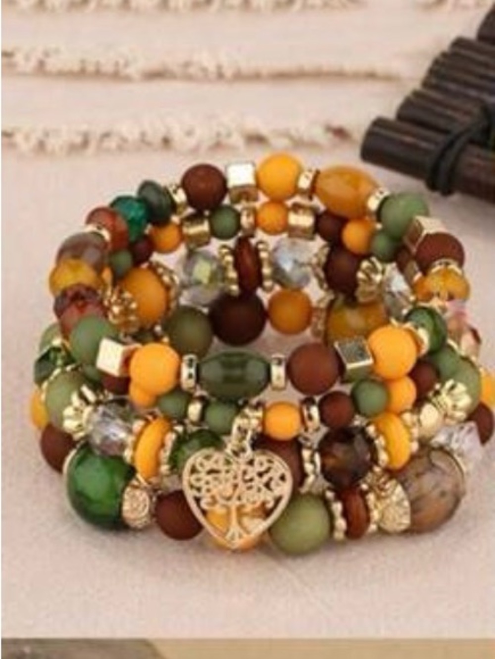 Beaded Heart Charm Stackable Bracelet – Green, Yellow & Brown